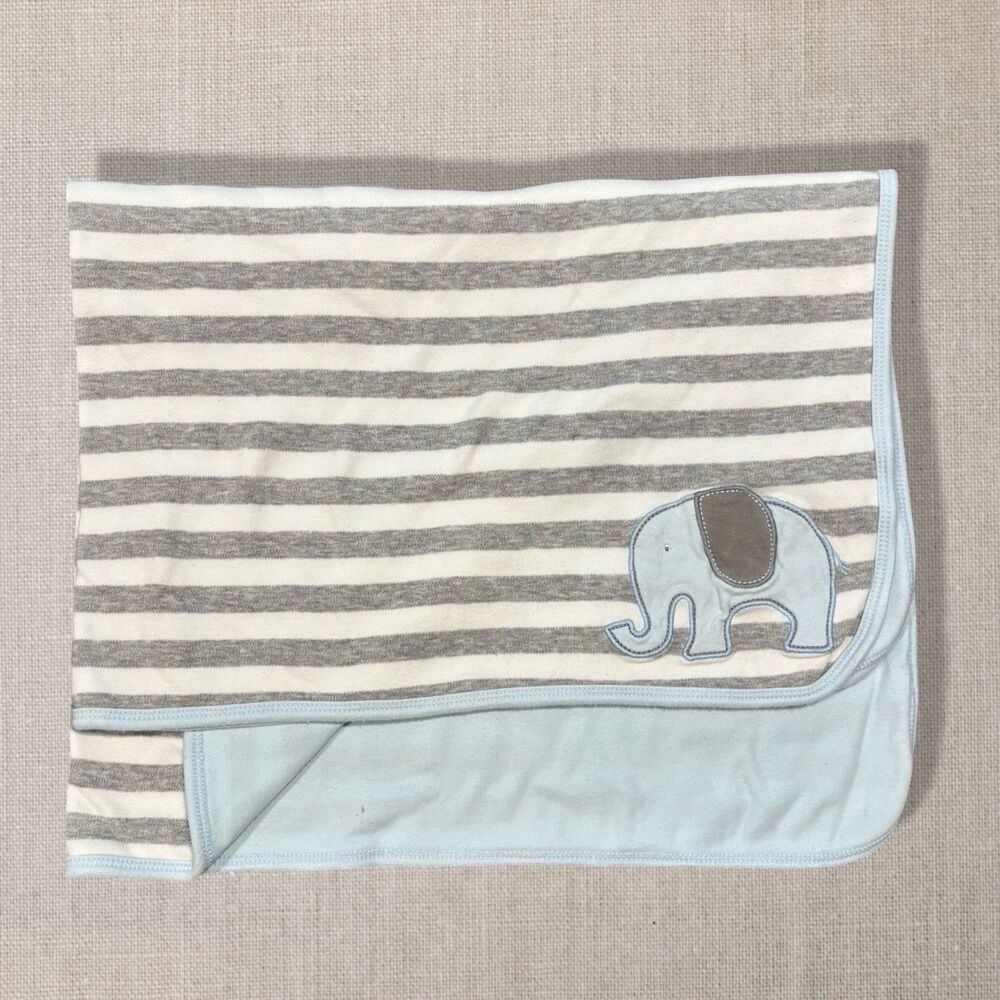 Carter’s Baby Blanket Blue Gray Striped Elephant Security Receiving 31x24 “play”